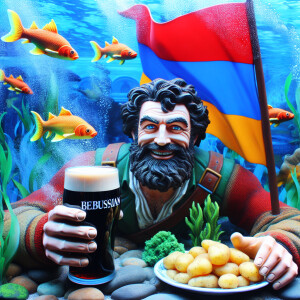 Armenian man with pint Guinness and potatoes and flag Belorussia...
