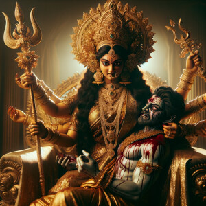 portrait of angry looking goddess durga sitting on a gold crown and carrying a weak mahishasur on her lap and stabbing him with her amazingly designed trident. She is wearing gold armor, a huge gold crown, gold saree, abundant  gold jewelry, covered in blood. The scene is set in ancient India. The image is 8K resolution, cinematic, ultra detailed face and epic.