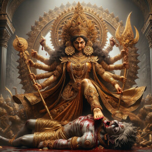 portrait of angry looking goddess durga has her foot on a defeated mahishasur. She is wearing gold armor, a huge gold crown, gold saree, abundant  gold jewelry, covered in blood. Mahishasur laying on ground dead. The scene is set in ancient India. The image is 8K resolution, photography, cinematic, ultra detailed face and epic