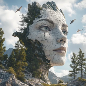 Design a 3D 8K UHD photorealistic image where a beautiful human face emerges organically from a Rocky Mountain landscape, incorporating elements of local wildlife and nature as facial features. Achieve a high level of detail and maintain a seamless, unified aesthetic throughout the composition.