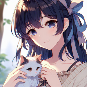 Hot anime woman with dark blue hair and dark brown eyes. She wea...