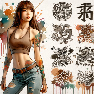 Athletic Thin skinny Attractive, Asian teenage girl, long brown hair and bangs, wearing tight skinny jeans and a halter top paint marks on her clothing, heroic pose Asian graffiti background, side view