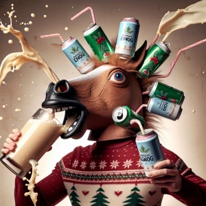 A Caucasian male wearing a holiday-themed beer helmet with cans...