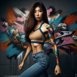 Athletic Thin skinny Attractive, Asian teenage girl, long brown hair and bangs, wearing tight skinny jeans and a halter top paint marks on her clothing, heroic pose Asian graffiti background