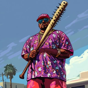Fwog meme..80's clothing holding a spiked baseball bat, in GTA S...