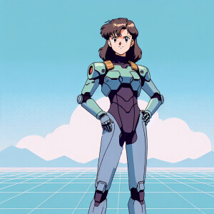 1990s anime screencap, girl a plugsuit, standing with hands on h...
