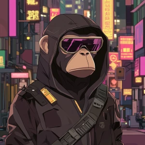 A character with a geometric, faceted face resembling a monkey,...