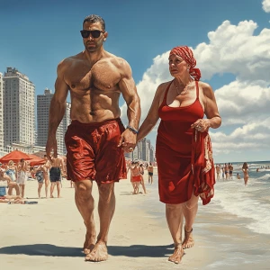 Photorealism.a muscular sweaty man walking  with his 50 years ol...