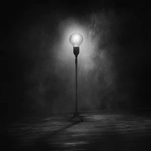 A ghost light on an empty stage. It is a singular lightbulb on t...