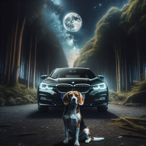 Black BMW f31 in the forest and a beagle in front, falling Stars...