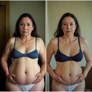 Depiction an image of a woman in her mid forties wearing only a...