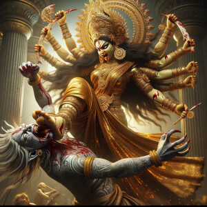 portrait of angry looking goddess durga pinning a weak mahishasur to the ground with her foot and stabbing him with her amazingly long fingernails. She is wearing gold armor, a huge gold crown, gold saree, abundant  gold jewelry, covered in blood. The scene is set in ancient India. The image is 8K resolution, photography, cinematic, ultra detailed face and epic