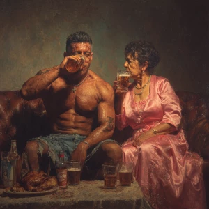 Hyperrealism photo painting.a muscular   criminal delhi man sitt...