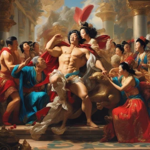 A superhero with a massive erection making profane gestures at a...