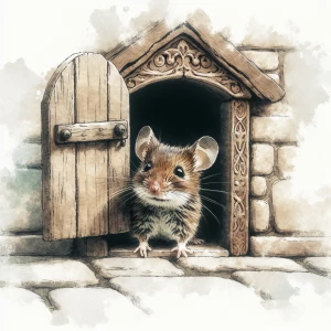 Cute mouse peeking out of a small open vintage wooden door, wate...