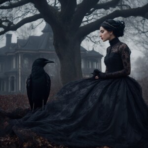 a Victorian woman with dark black tresses piled on her head, her...