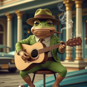 Anthropomorphic toad wearing a fedora, sitting on a stool, smoking a cigar, and strumming an acoustic guitar.