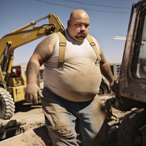 Hyperealistic photography of Miguel Santoro a balding short stat...