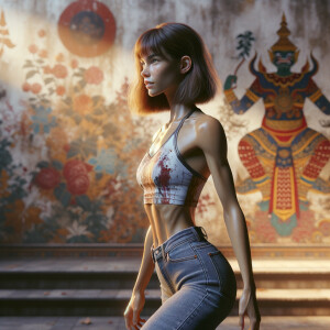 Athletic Thin skinny Attractive, Asian teenage girl, long brown hair and bangs, wearing tight skinny jeans and a halter top paint marks on her clothing, heroic pose Asian graffiti background, side view