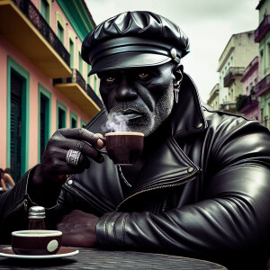 Персонаж из мемов в кожаной кепке- Чёрный Властелин пьёт кофе Ку...