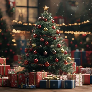 Design a stunningly beautiful Christmas tree adorned with vibran...