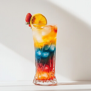 Create an image of a tall, vivid tropical cocktail in a beautifu...
