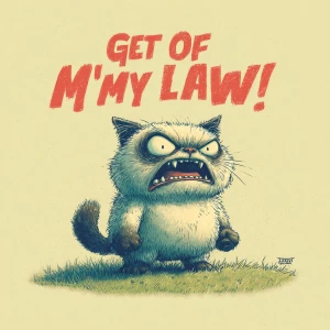a cute angry cat yelling "Get Off My Lawn!", standing on a grass...