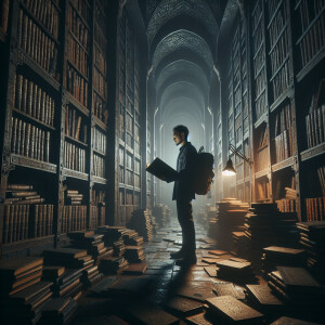 A man with a backpack is standing in an old gloomy library with...