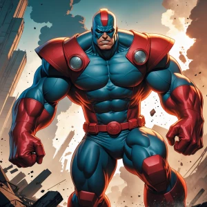 Create an image of the character Juggernaut from Marvel Comics, showcasing his immense size and strength while wearing his iconic helmet and armor. He should be in a dynamic action pose that reflects his unstoppable nature, set against a backdrop that highlights the destruction often associated with his character.