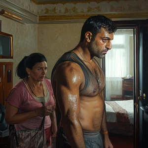 Photorealism,realism style, a muscular, sweaty man entering a Ne...