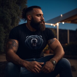 An bearded bodybuilder man is sitting outdoors at night, wearing...