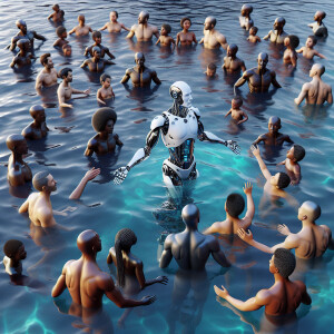 Cyborg's  swimming in a pool,  with humans in a lake,  HDR, ultr...