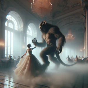 Beauty and the beast dancing in a ballroom surrounded by ghostly...