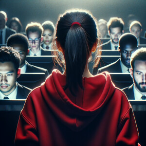 Backside profile of a young woman wearing red hodie, surrounded by backside profile of men with black suits who work in front of computer screens