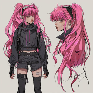 Create a character design for an anime girl with unique pink hai...