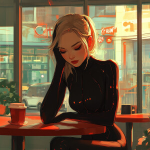 Female, catsuit, in cafe. Art by atey ghailan.