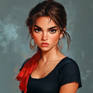 girl with brown hair, thick eyebrows, pumped up lips, potato nos...