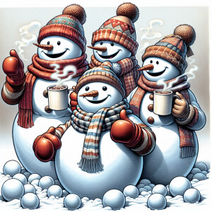 A group of three snowmen in cozy scarves and hats, holding mugs...