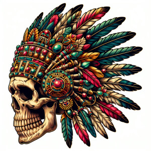 skull with aztec head dress, profile view, in  old school tattoo...