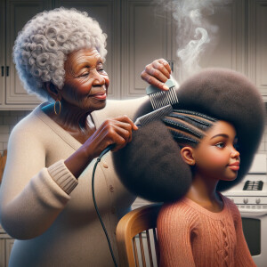 Create a realistic 3-D image of an african-American grandmother in the kitchen with her african-American granddaughter. The grandmother has a hot comb in her hair and she is straightening her granddaughters hair. One side of her granddaughters hair is in  a Afro the other is bone straight 
There is smoke coming from the hot comb