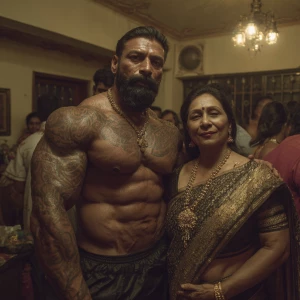 Realism,--v6.a muscular beefy sweaty tattoed indian man enjoying...