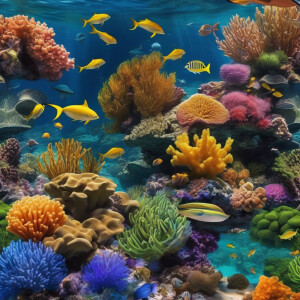 The ocean with dolphins, octopuses, small colorful fish,