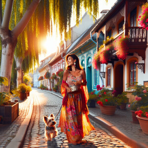 A woman walking her dog down a charming street