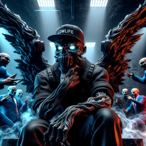 Close-up dark art, detailed winged man with a half skull mask an...