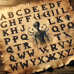 Alien letters on aged parchment, alien symbols, alien alphabet,...