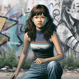 teenage girl, long brown hair and bangs, wearing tight skinny jeans and a halter top paint marks on her clothing, heroic pose Asian graffiti background, nearing on one knee