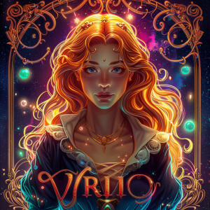 Prompt: steampunk Virgo, woman with long ginger hair, facing for...