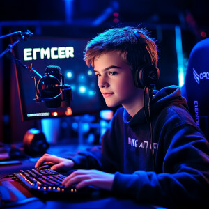 A boy is sitting in the studio with a PC behind him, a laptop on...