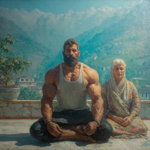 realism,sharp painting,A man muscular beefy sweaty doinga yoga s...