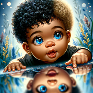 A curious cute african-American, baby with huge blue eyes and cu...